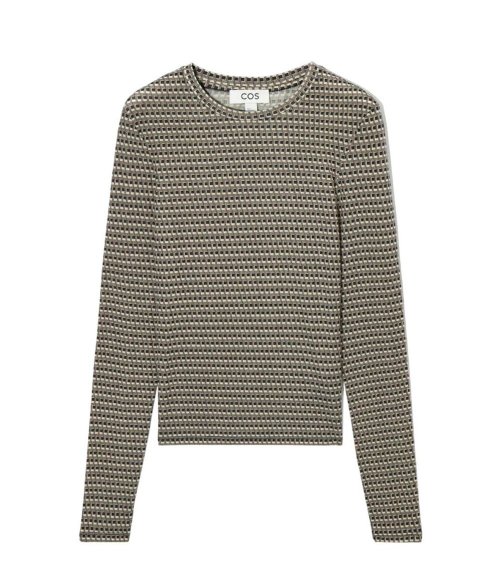 Cos Second Skin Long Sleeve Top Black and Cream Geo Grid Print XS